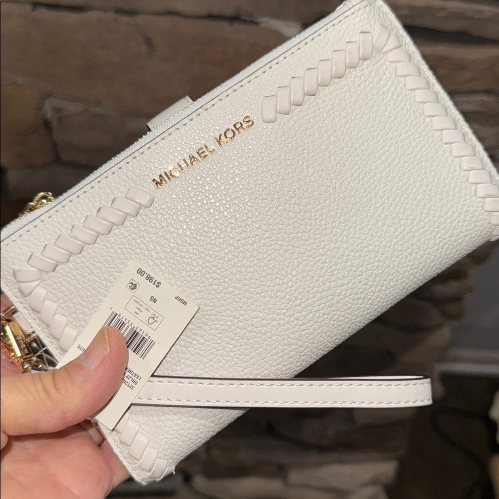 Michael Kors White Pebbled Leather Wristlet Clutch with Gold Logo